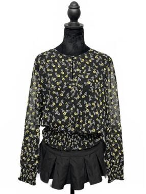 Bella Tilly x Bar III Black Yellow Floral Print Mesh Blouse Cinched Waist Sz XL